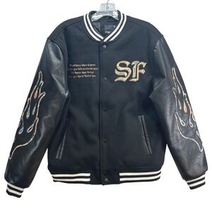 Stone Black Varsity Jacket SF Patch Flame Embroidery Faux Leather Sleeves Mens M